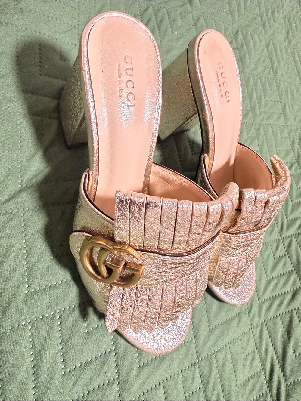 Gucci Gold Fringed GG Leather Mule Heels